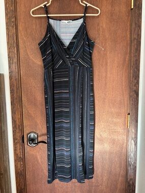 BCBGeneration Black Striped Midi Dress with Subtle Multi-Colored Accents